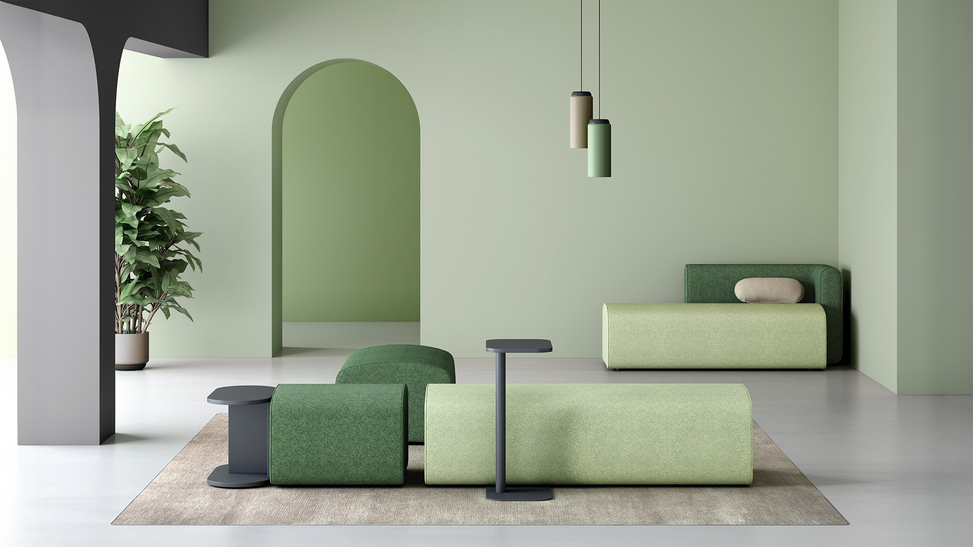 Canapes plus pouf modulaires pour atrium open space Noa'